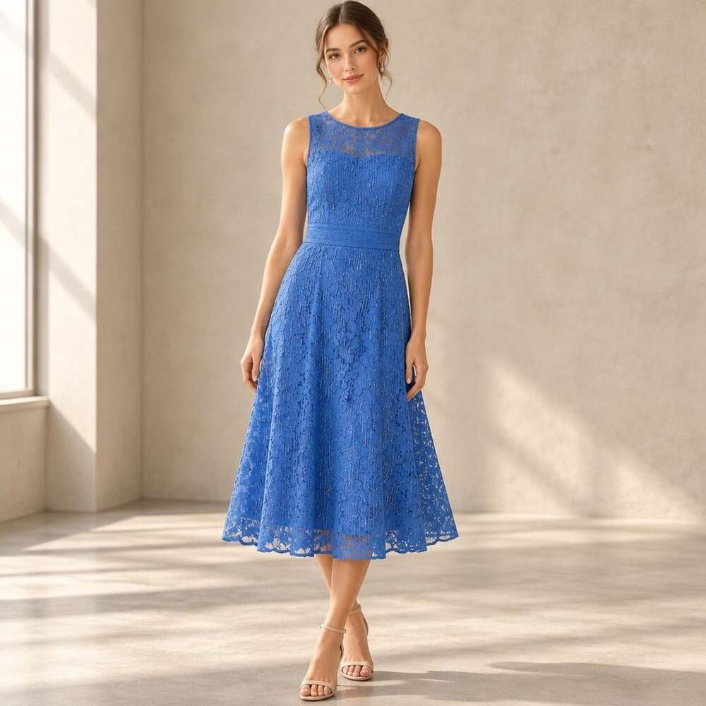 Moulinette Soeurs Lace Midi Dress Size 12 Blue Floral Applique